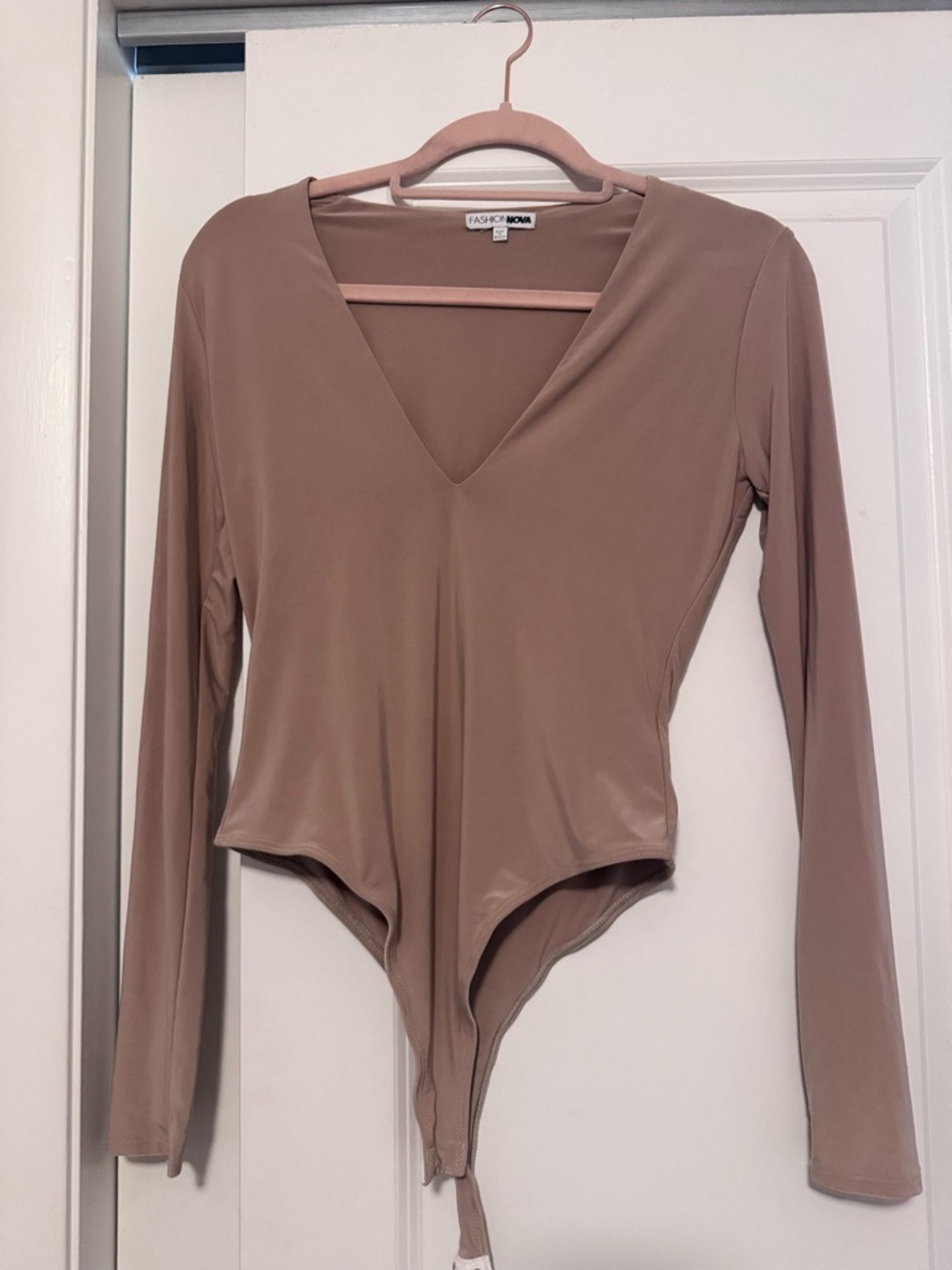 Fashion Nova Taupe V-Neck Long Sleeve Bodysuit